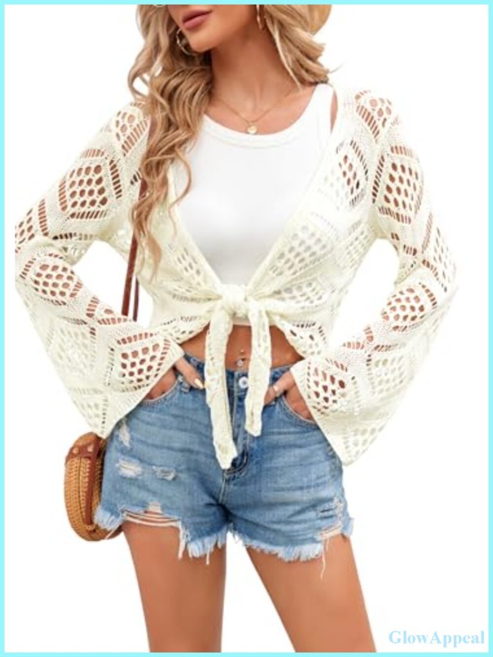 Crochet Tie Front Cardigan Bell Sleeve Lightweight Knit Summer Crop Top